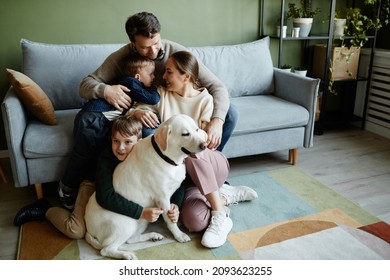 Full Length Portrait Of Big Happy Family With Two Kids And Dog All Embracing Lovingly, Copy Space