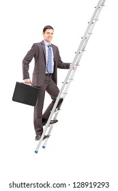 Full Length Portrait Of A Businessman Climbing A Ladder, Isolated On White Background