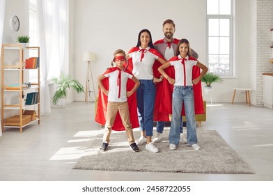 Full length portrait of a cheerful family dressed in colorful superhero costumes at home living room, the parents and children radiate infectious smiles, embodying strength, fun, and unity. - Powered by Shutterstock