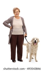 Full length portrait of a cheerful mature woman posing with her dog isolated on white background