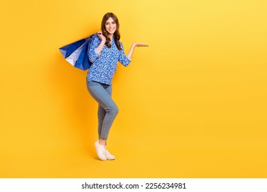 Full length portrait of cheerful person hold store bags hand hold demonstrate empty space isolated on yellow color background - Shutterstock ID 2256234981