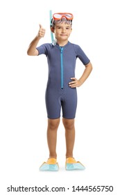 Full Length Portrait Of A Child Wearing A Wetsuit, Diving Mask And Flippers And Showing Thums Up Isolated On White Background