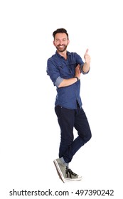 Full Length Portrait Of Confident Mature Man Standing And Showing Thumbs Up Over White Background