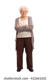 Full length portrait of a content senior lady smiling and looking at the camera isolated on white background
