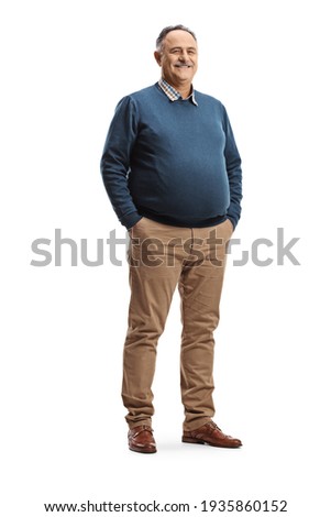 Full length portrait of a corpulent mature man posing isolated on white background