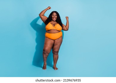 Full length portrait of curvy figure obesity lady raise fists achieve luck enjoy herself no filters isolated on blue color background.