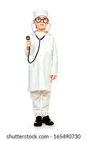 Full Length Portrait Of Cute Smiling Boy Playing A Doctor. Different Occupations. Isolated Over White.