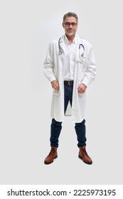 Full length portrait of doctor, general practitioner, physician, medical professional on white, Mid adult, mature age man with gray hair, happy smiling. - Shutterstock ID 2225973195