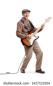 Full Length Portrait Of An Elderly Man Playing An Electric Guitar Isolated On White Background