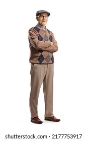 Full length portrait of an elderly man with glasses and hat posing with crossed arms isolated on white background - Shutterstock ID 2177753917