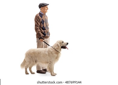 Full Length Portrait Of An Elderly Man And His Dog Isolated On White Background