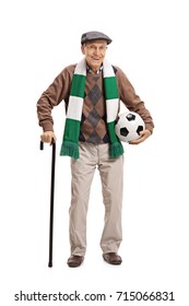 Full length portrait of an elderly soccer fan with a scarf and a football isolated on white background