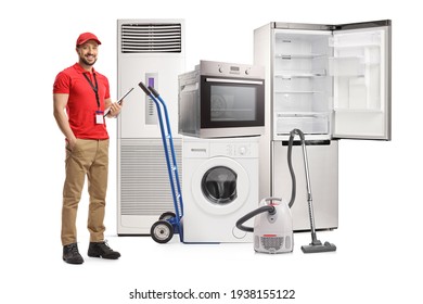 Full Length Portrait Of Electrical Appliances Store And A Male Worker Posing Isolated On White Background