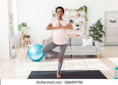 Full length portrait of expectant young lady doing her morning yoga practice, standing in tree pose, feeling peaceful at home. Pregnant black woman having domestic workout during coronavirus pandemic