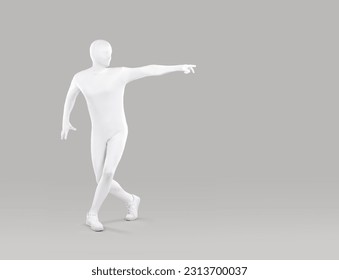 Full length portrait of faceless unrecognizable person wearing white spandex costume. Incognito man in bodysuit pointing index finger to the side isolated on grey background with copy space.