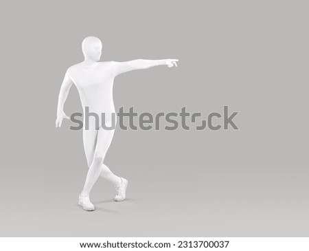 Full length portrait of faceless unrecognizable person wearing white spandex costume. Incognito man in bodysuit pointing index finger to the side isolated on grey background with copy space.