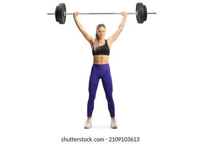Full length portrait of a female bodybuilder standing and lifting weights isolated on white background