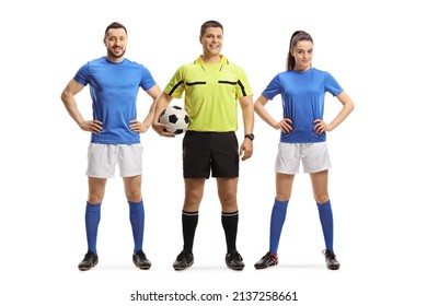 Full Length Portrait Of A Female And Male Football Players And A Goalkeeper Smiling At Camera Isolated On White Background