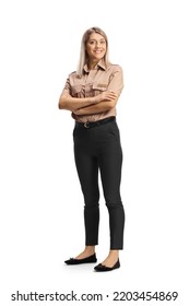 Full Length Portrait Of A Female Security Guard Posing With Crossed Arms Isolated On White Background