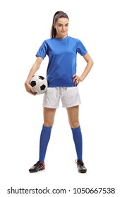Full length portrait of a female soccer player with a football isolated on white background
