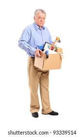 Full Length Portrait Of A Fired Man Carrying A Box Of Personal Items Isolated On White Background