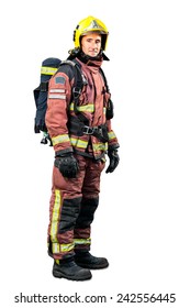 Full Length Portrait Of Fireman In Uniform Isolated On White Background.