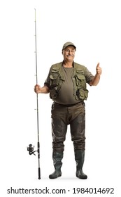 Full length portrait of a fisherman in a uniform standing with a fishing rod and showing thumbs up isolated on white background
