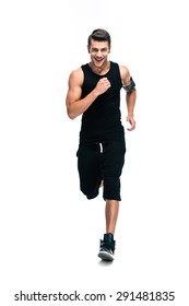 Full length portrait of a fitness man running isolated on a white background