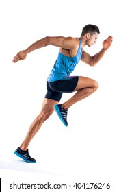 Full length portrait of a fitness man running isolated on a white background