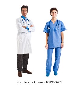 Full Length Portrait Of A Friendly Doctor And A Nurse