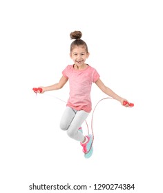 Full Length Portrait Of Girl Jumping Rope On White Background