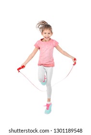 Full Length Portrait Of Girl Jumping Rope On White Background