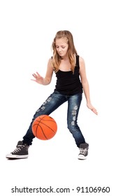 Full Length Portrait Of A Girl Playing Basketball Isolated On White Background