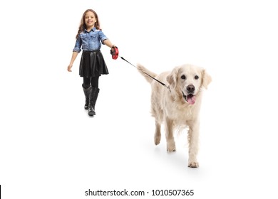 Full Length Portrait Of A Girl Walking A Dog Isolated On White Background