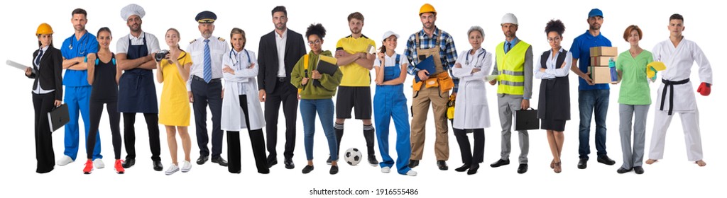 Full length portrait of group of people representing diverse professions of business, medicine, construction industry - Shutterstock ID 1916555486