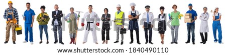 Full length portrait of group of people representing diverse professions of business, medicine, construction industry