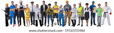 Full length portrait of group of people representing diverse professions of business, medicine, construction industry