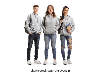 Full Length Portrait Of A Group Of Students Wearing Hoodies Isolated On White Background