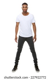 Full Length Portrait Of A Handsome African American Male Fashion Model Posing On Isolated White Background 