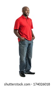 Full Length Portrait Of A Handsome Late 20s Black Man Looking To The Side Isolated On White Background