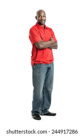 Full Length Portrait Of A Handsome Late 20s Black Man Looking To The Side Isolated On White Background