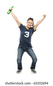 Full Length Portrait Of A Happy Female Sport Fan With A Beer In Her Hand Isolated On White Background