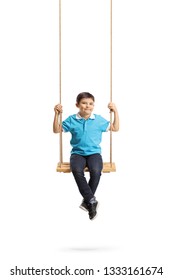 Full length portrait of a happy little boy sitting on a swing and looking at the camera isolated on white background - Shutterstock ID 1333161674