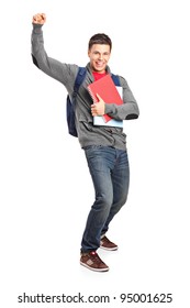 Full Length Portrait Of A Happy Student Holding Books Isolated On White Background