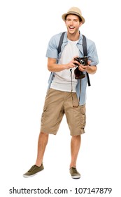 Full Length Portrait Of Happy Tourist Photographer Man On White Background