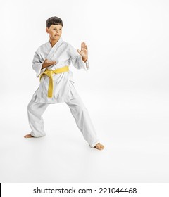 Full Length Portrait Of A Karate Child Exercise On White Background