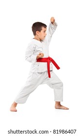 Full length portrait of a karate kid posing isolated against white background