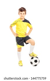 Full Length Portrait Of A Kid In Sportswear Posing With A Soccer Ball Isolated On White Background