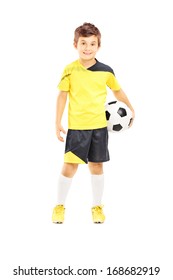 Full Length Portrait Of A Kid In Sportswear Holding A Soccer Ball Isolated On White Background