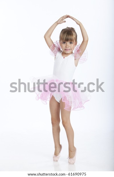 Full Length Portrait Little Ballerina Trying Stockfoto Full Length Portrait Little Ballerina Trying Stockfoto
